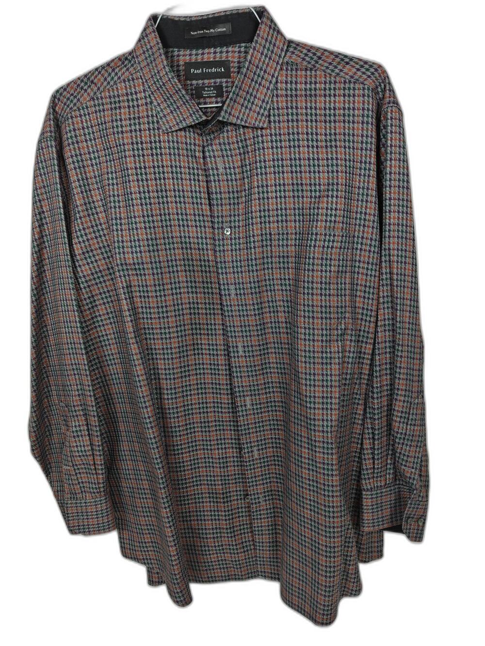 Paul Fredrick 16 34 Tailored Fit Non-Iron Dress Shirt Check 100% Cotton